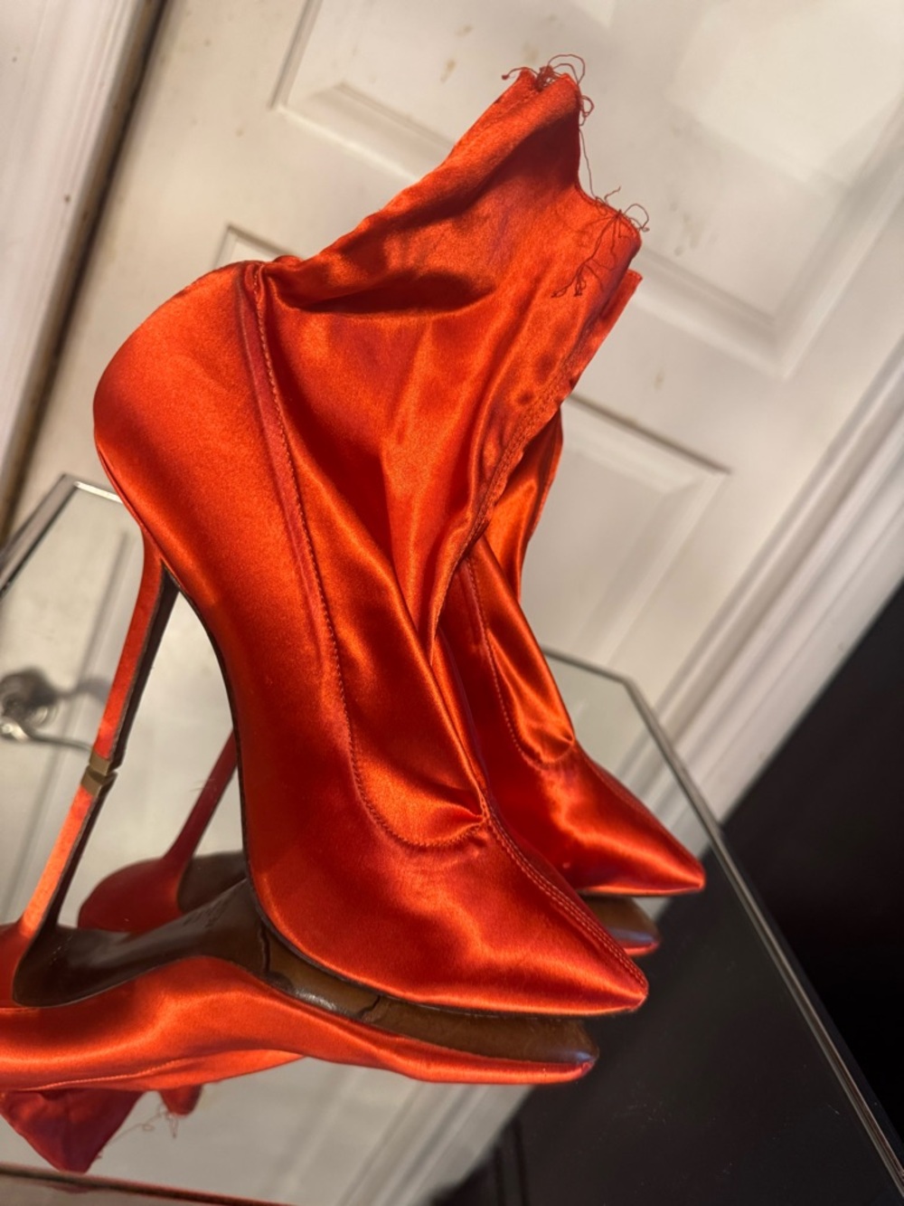 Vetements Orange Satin Pointed Stiletto Sock Boots